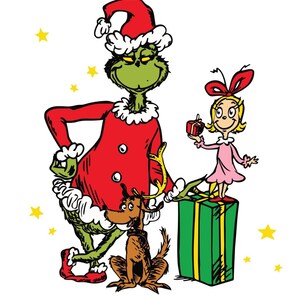Puede incluir: Ilustración del Grinch con un traje rojo de Papá Noel con adornos blancos, junto a una niña con un vestido rosa y un perro marrón. La niña sostiene un pequeño regalo, y el Grinch está de pie sobre una caja de regalo verde y amarilla. Estrellas amarillas dispersas.
