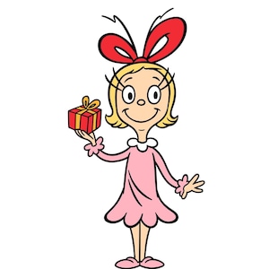 May include: Illustration of a cartoon character with blonde hair, a red bow, and a pink dress. The character is holding a red gift box with a gold bow. The character has a cheerful expression and is smiling.