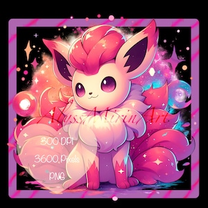Peut inclure: Un personnage d'anime rose et blanc avec une queue moelleuse et un fond rose et violet. Le personnage a un nez rose, des oreilles roses et des yeux roses. Le personnage est entouré d'étoiles et de paillettes.