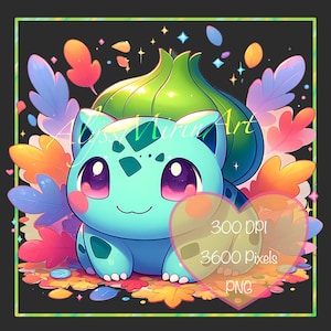 May include: A digital illustration of a cartoon Bulbasaur character with a turquoise body, large pink eyes, and a green bulb on its back. Colorful leaves and sparkles surround the character, set against a black background. The image includes text.
