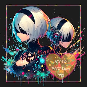 May include: Digital art print featuring two anime-style figures with white hair and black blindfolds, set against a black background. The artwork includes colorful paint splatters and the text "Mirinn" and "300 DPI, 3600 Pixels, PNG".