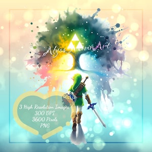 May include: Digital art print featuring a green-clad character with a sword, shield, and a bow, set against a colorful, abstract background. The artwork includes the text "Abyss Neirin Art" and details about the image resolution.