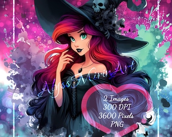 Witch Skull Hat Ariel - The Little Mermaid Fanart - Vibrant Watercolor Splash Decal Clipart PNG - Digital Download File - DIY Crafts