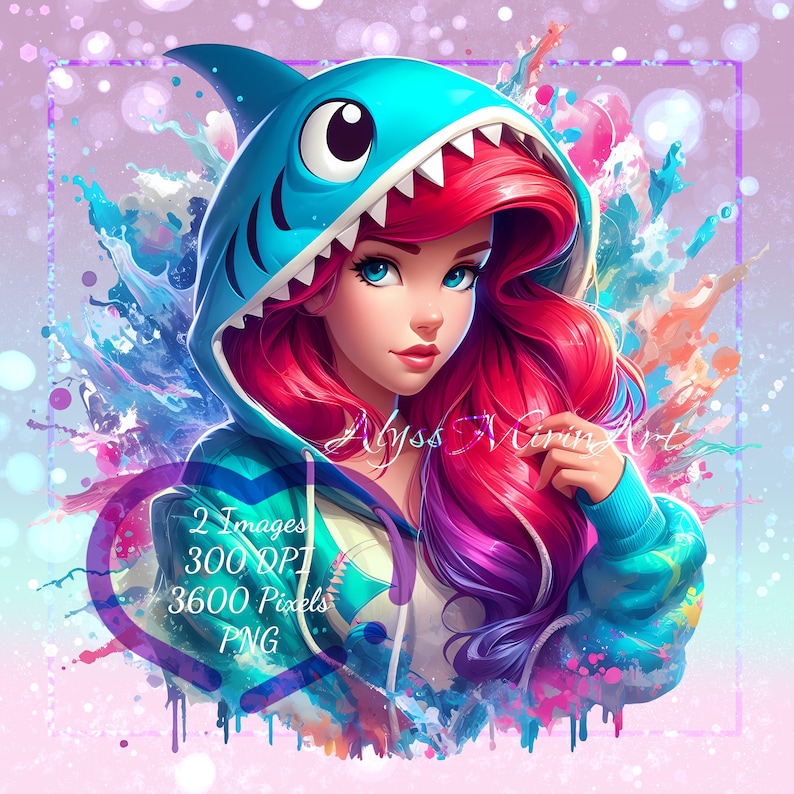 Op de afbeelding: Digitale kunst van een persoon met rood haar en blauwe ogen, gekleed in een blauwe haaienhoodie. De afbeelding heeft een aquareleffect met spetters blauw, paars en oranje. Tekst op de afbeelding luidt "2 Images 300 DPI 3600 Pixels PNG".