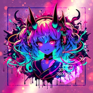 May include: Digital art of an anime-style character with pink and blue hair, horns, and glowing red eyes. The character wears a dark outfit and headphones. The background is a gradient of pink and purple with paint splatter effects. Text in the image reads "2 Images 300 DPI 3600 Pixels".