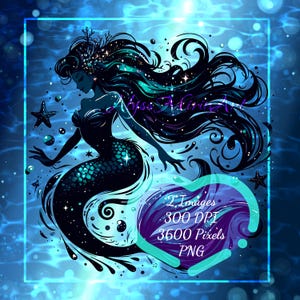 May include: Digital art print of a mermaid with long, flowing black and teal hair, a teal and black tail, and a crown. The mermaid is set against a blue watery background with stars and bubbles. Text includes "Abyss Mori Art" and image details.