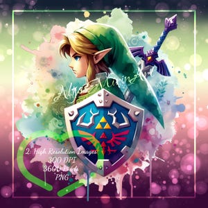 May include: Watercolor-style artwork featuring a character with blonde hair, a green tunic, and a shield. A sword is visible behind the character. The image includes text that reads "2: High Resolution Images 300 DPI 3600 Pixels PNG".