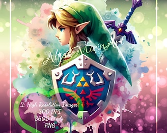 Aquarel Crest Fanart koppelen: 2 digitale downloadbestanden - DIY Crafts - The Legend of Zelda levendige sticker png-afbeeldingen klaar om af te drukken