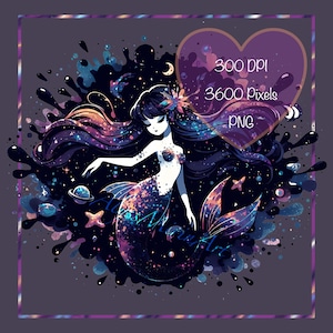 May include: An illustration of a mermaid with long, flowing hair and a cosmic design. The mermaid is surrounded by a dark background with stars, planets, and splashes of color. The image includes the text "300 DPI, 3600 Pixels, PNG".