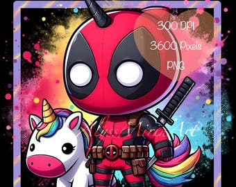 Chibi Unicorn Deadpool - Pop Culture - Rainbow Splash Clipart PNG Decal - Comic Movie Fan Art - Digital Download File