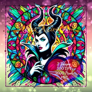 May include: A colorful digital art print featuring a stylized portrait of a woman with black horns and a dramatic collar. The background is a stained-glass style design with vibrant colors. The image includes text that reads "2 Images 300 DPI 3600 Pixels PNG".