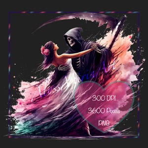 May include: Digital art print of a dancing couple, one a woman in a white dress and the other the Grim Reaper. The background features splashes of pink, purple, and black. The image has a dark, romantic theme.