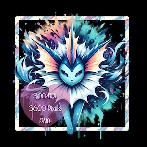 Könnte beinhalten: Eine digitale Illustration eines blauen und weißen Pokemon-Charakters mit einer stacheligen Flosse und einem blauen Körper. Der Charakter ist von bunten Farbstichen auf schwarzem Hintergrund umgeben.