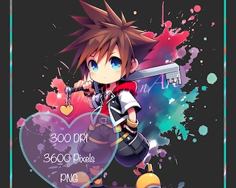 Calcomanía de acuarela de Sora, un chibi serio - Kingdom Hearts - Clipart de fan art de videojuegos - Descarga digital - Archivo PNG SVG - Manualidades DIY