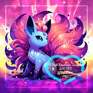 Peut inclure: Illustration numérique d'une créature ressemblant à un renard, bleue et violette, avec de grandes queues touffues et des détails scintillants. Le texte "Abyss Mirin Art" et les détails de résolution sont inclus.