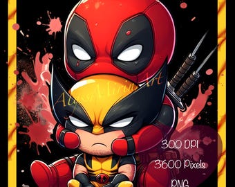 Deadpool and Wolverine Chibi Hug Clipart PNG