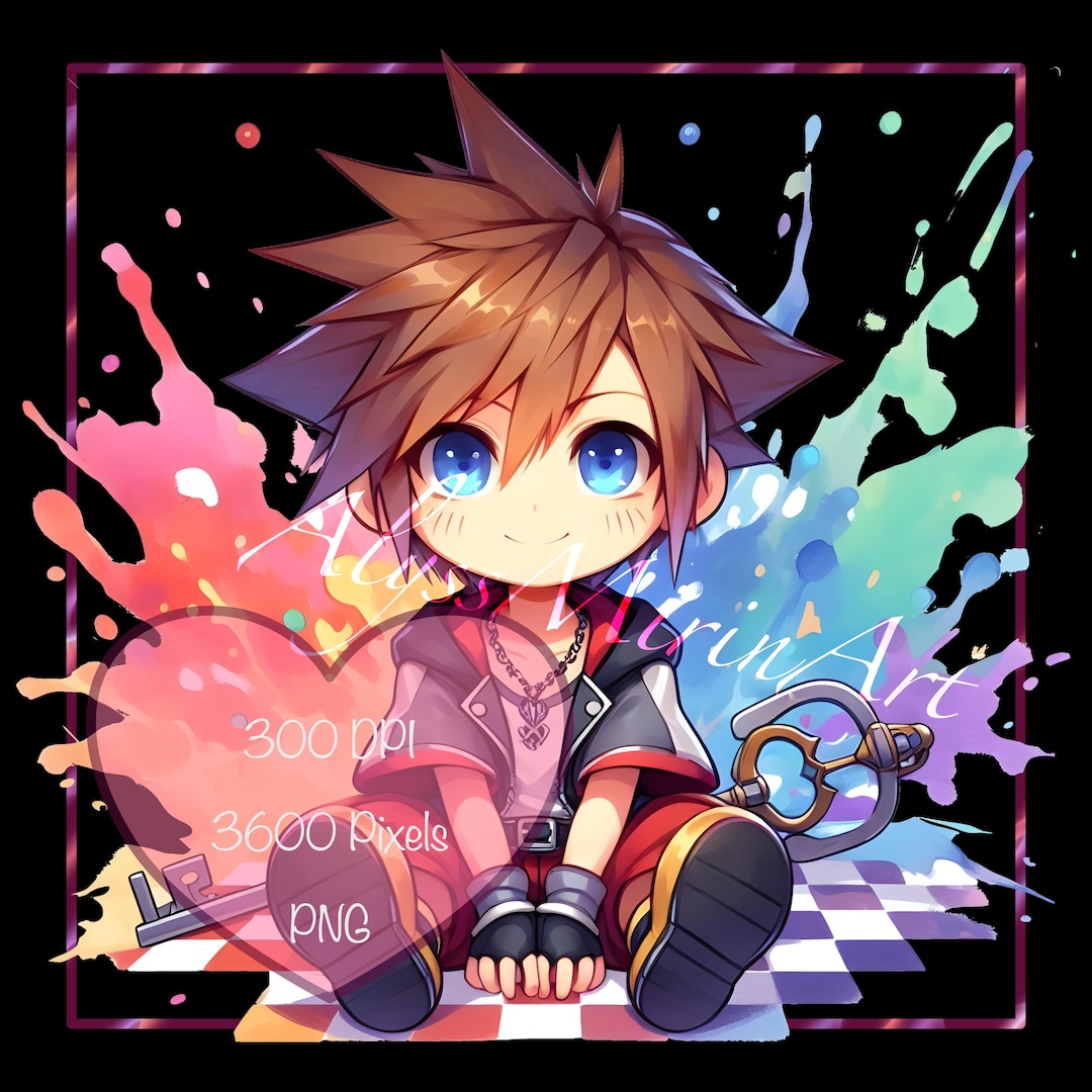 Chibi Sora Kingdom Hearts ファン アート 未塗装 ガレージキット Cute Chibi Sora Watercolor Splash Decal - Kingdom Hearts - Fan Art