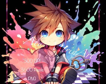 Calcomanía de acuarela de Sora chibi - Kingdom Hearts - Arte de fan de videojuegos PNG Descarga digital SVG - Manualidades DIY