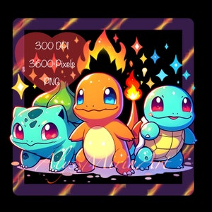 Könnte beinhalten: Eine digitale Illustration von drei Pokémon-Charakteren: Squirtle, Glurak und Bisasam. Die Charaktere sind im Cartoon-Stil gehalten und vor einem schwarzen Hintergrund mit funkelnden Sternen und Flammen platziert.
