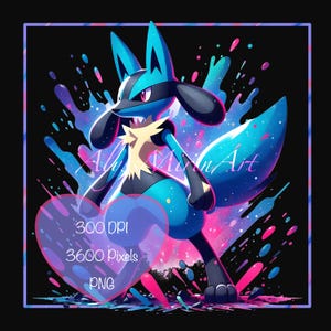 May include: Digital art print of a blue and black anthropomorphic creature with a white chest and yellow accents. The artwork features a vibrant splash of pink, blue, and purple colors against a black background. Text includes "Alyss Moon Art", "300 DPI", "3600 Pixels", and "PNG".