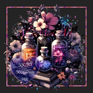 May include: An artistic illustration featuring four glass potion bottles with cork stoppers, each filled with colorful liquids and floral elements. The bottles are surrounded by flowers, leaves, and crystals, with the text "Aura Art", "300 DPI", "3600 Pixels", and "PNG".
