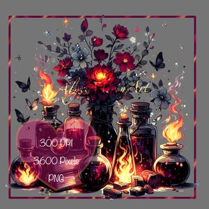 May include: Digital art featuring a collection of potion bottles with flames, a bouquet of red and blue flowers, and butterflies. The image includes the text "Abyss Luxuria Art", "300 DPI", "3600 Pixels", and "PNG".