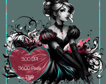 Gothic esthetische Assepoester - donker thema - regenboogkleuren splash - Assepoester - Disney prinses clipart PNG fanart sticker - digitale download