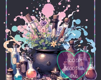 May include: An illustration of a witch's cauldron filled with flowers and glass vials. The image features a black cauldron, various potion bottles, and a candle. Colorful paint splatters and a heart-shaped graphic with text complete the design.
