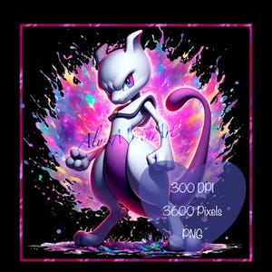 May include: A digital illustration of a white and purple Pokemon character, Mewtwo, with a pink, blue, and yellow watercolor background. The image is 3600 pixels and 300 DPI.