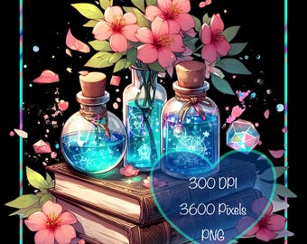 May include: Digital illustration of three potion bottles with cork stoppers, filled with glowing blue liquid. A vase of pink flowers and a stack of books are in the background. The image has a black background and a teal border.