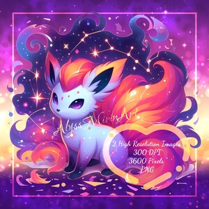 Peut inclure: Illustration numérique d'une créature fantastique avec une fourrure blanche, violette, orange et rose, sur un fond cosmique avec des étoiles et des constellations. Le texte "Abyss Mirin Art" et les détails de la résolution sont inclus.