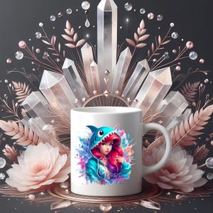 Op de afbeelding: Witte keramische mok met een kleurrijke illustratie van een vrouw in een haaienhoodie. Het ontwerp bevat levendige blauwe, roze en paarse tinten. De mok staat tegen een achtergrond van kristallen, bloemen en decoratieve elementen.