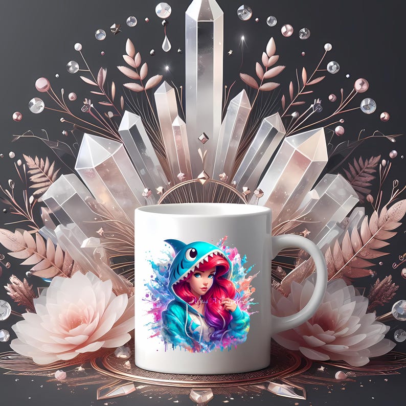 Op de afbeelding: Witte keramische mok met een kleurrijke illustratie van een vrouw in een haaienhoodie. Het ontwerp bevat levendige blauwe, roze en paarse tinten. De mok staat tegen een achtergrond van kristallen, bloemen en decoratieve elementen.