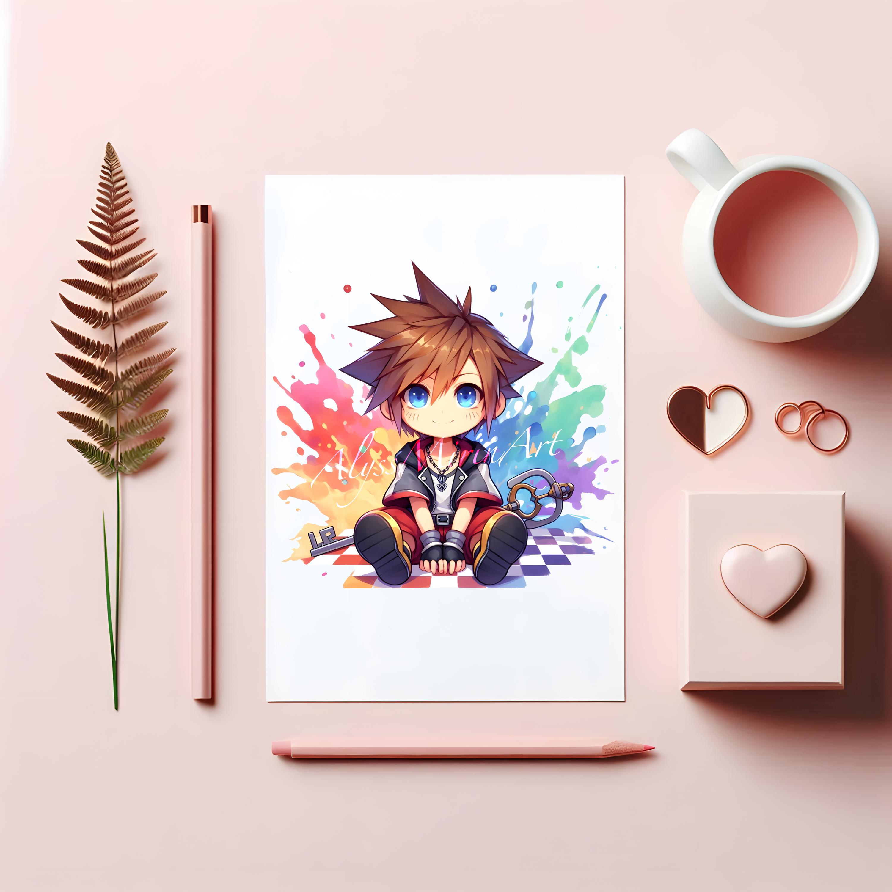 Cute Chibi Sora Watercolor Splash Decal - Kingdom Hearts - Fan Art