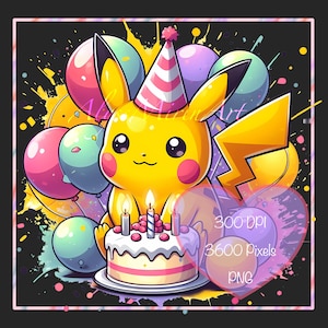 May include: A digital illustration featuring a yellow cartoon character in a party hat, with balloons and a birthday cake with lit candles. The background is black with yellow paint splatters. Text includes "300 DPI", "3600 Pixels", and "PNG".