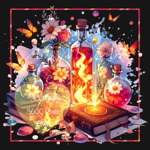 May include: An illustration featuring several glass bottles with cork stoppers, filled with colorful liquids and flowers. A book with a glowing center is in the foreground, with butterflies and bubbles scattered around. The image has a fantasy theme.