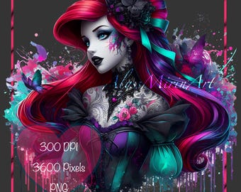 Gotisch lint koningin Ariel regenboogkleuren splash - de kleine zeemeermin - Disney prinses clipart PNG fanart sticker - digitaal downloadbestand