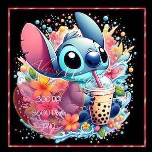 May include: A blue cartoon character with large eyes and a pink nose is holding a boba tea with a straw. The character is surrounded by colourful flowers and water splashes on a black background.