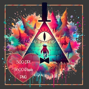 Könnte beinhalten: Digitaler Kunstdruck mit einem geometrischen Dreieck mit einem Auge, einer Figur und bunten Bäumen. Das Design enthält eine Herzform mit dem Text "300 DPI, 3600 Pixel, PNG". Der Hintergrund ist dunkelgrau mit bunten Farbspritzern.