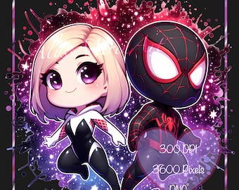 Cute Chibi SpiderGwen and Miles Morales Spider-Man - Into the Spiderverse -  Comic/Movie FanArt Rainbow Splash Clipart PNG - DIY - Digital