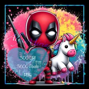 Może przedstawiać: Cyfrowa ilustracja Deadpoola, superbohatera, trzymającego jednorożca z tęczową grzywą i rogiem. Tło to kolorowy wzór rozprysku.