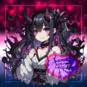 Peut inclure: Illustration numérique de style anime représentant une jeune femme aux cheveux noirs, aux yeux violets et avec des cornes. Elle porte un kimono blanc et noir et un collier ras du cou. Le fond est un motif abstrait rose et noir avec du texte.