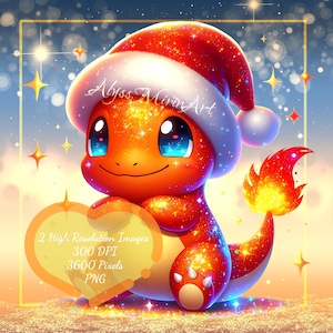 May include: A digital illustration of a Charmander character wearing a Santa hat, holding a heart-shaped sign. The image is vibrant with orange, red, and blue hues, and features the text "2 High Resolution Images 300 DPI 3600 Pixels PNG."