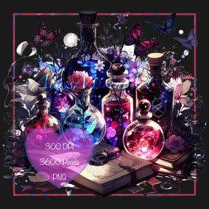 May include: An illustration of several glass potion bottles with cork stoppers, filled with colorful liquids and adorned with flowers and butterflies. A book and a compass are also present, with the text "300 DPI, 3600 Pixels, PNG".