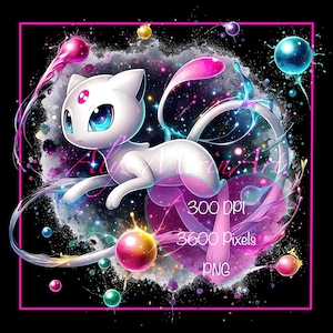 Könnte beinhalten: Eine weiße Katze mit blauen Augen und einem rosa Schwanz, umgeben von bunten Kugeln und Lichtwirbeln vor einem schwarzen Hintergrund. Der Text "300 DPI 3600 Pixels PNG" ist in der unteren rechten Ecke sichtbar.