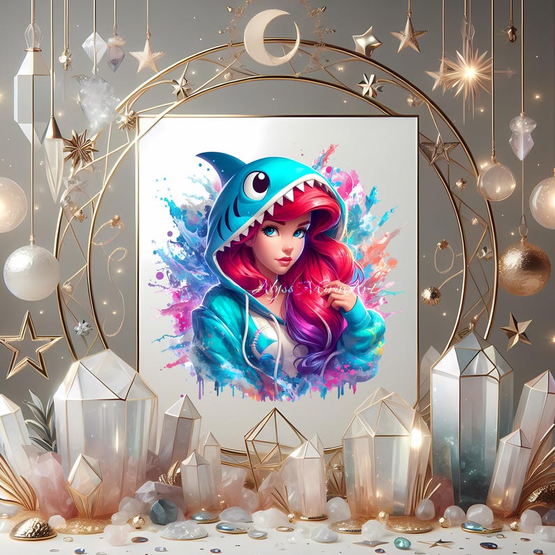 Op de afbeelding: Digitale kunstprint met een vrouw met rood en paars haar in een blauwe haaienhoodie. Het kunstwerk is omgeven door kristallen, gouden accenten en hangende ornamenten. De print bevat de tekst "Alyssa Art" in de rechter benedenhoek.