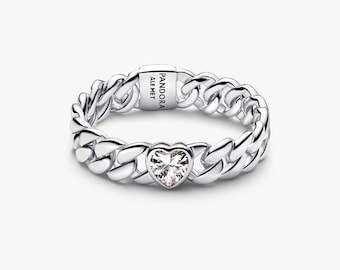 S925 Sterling Silver Pandora Sparkling Heart Cuban Chain Ring