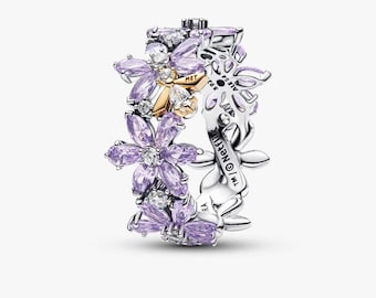 S925 Sterling Silver Pandora Purple Flower Bridgerton Herbarium & Bee Ring