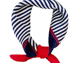 100 % mullbärssilkeshalsduk | Röd marinblå randig nautisk bandana | Damhalsduk | Sidenhuvudduk | Franska rivieran-stil | Present till henne