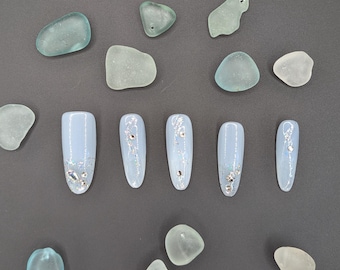 Glittery Light Blue Nails with rhinestones, Press on Nails, Acrylic Nails,